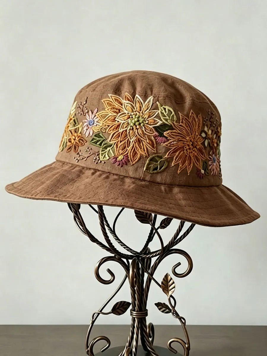 Floral Embroidery Print Vintage Fisherman Hat
