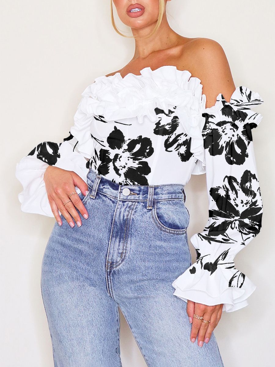 White Ruffle Hem Off Shoulder Long Sleeve Top