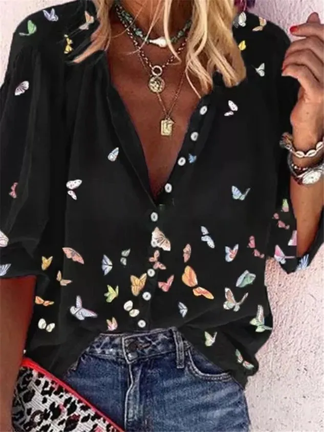 Colorful Butterfly Print Chiffon Long Sleeve Shirt