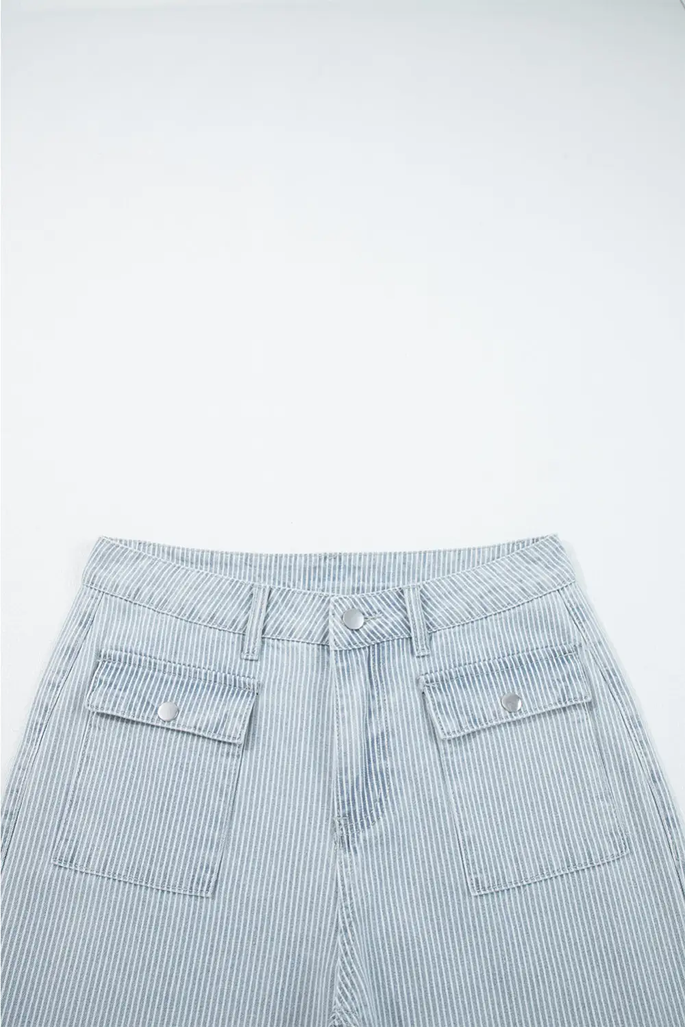 Wide Leg Cuffed Button Stripe Flap Jeans
