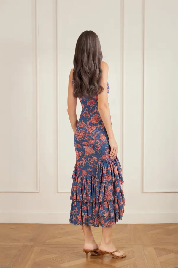 Fashionable Ruffled Paisley Print Tulle Midi Dress