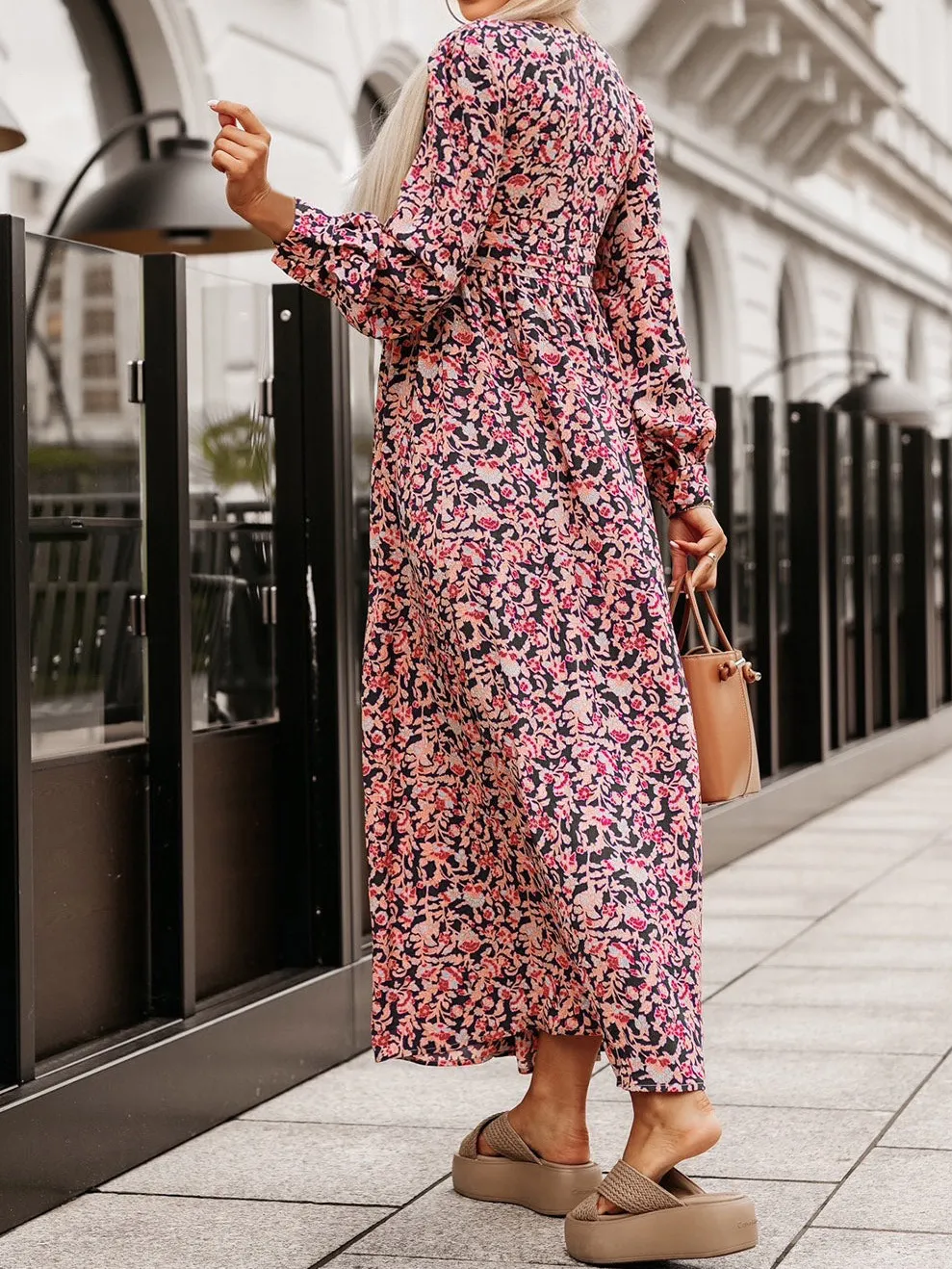 Printed V-Neck Long Sleeve Maxi Dress