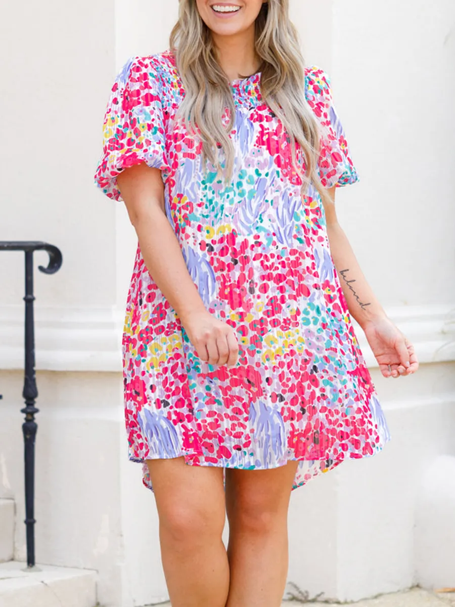 Flower Patterned Lantern Sleeve Dress