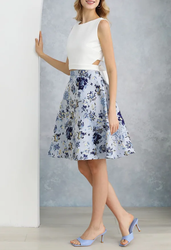 BLUE FLORAL EMBOSSED JACQUARD MIDI SKIRT