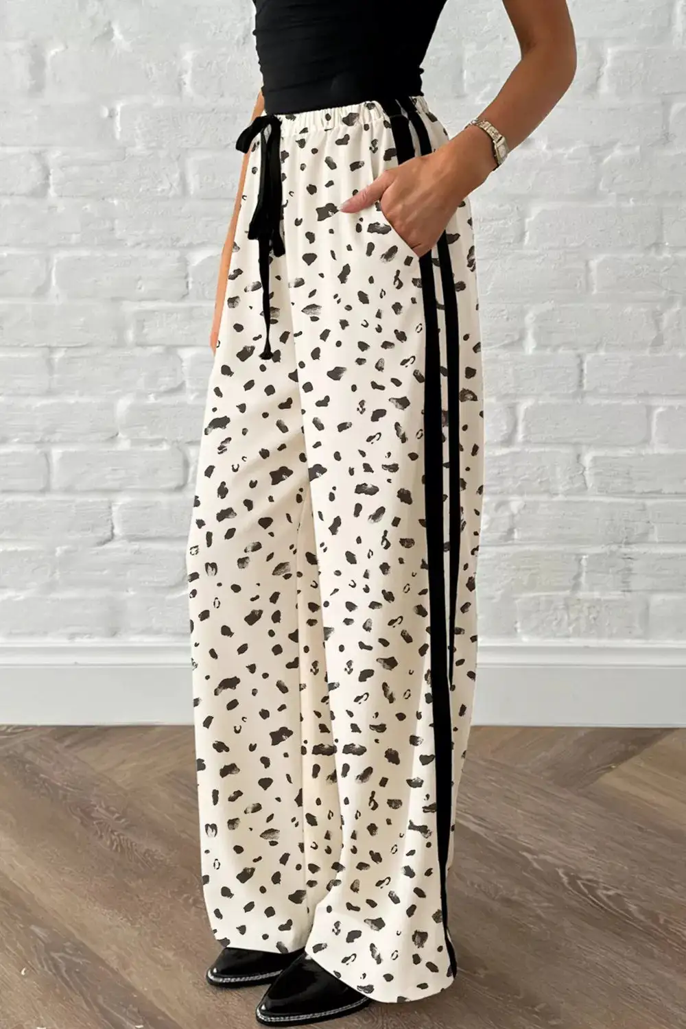 Leopard Print Side Stripe Detail Loose Drawstring Pants