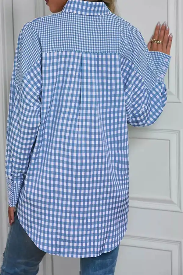 Sky Blue Stripe Plaid Patchwork Button Up Long Sleeve Shirt