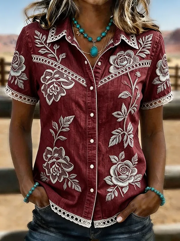 Women's Burgundy Rose Embroidered Lace Trim Western Denim Shirt