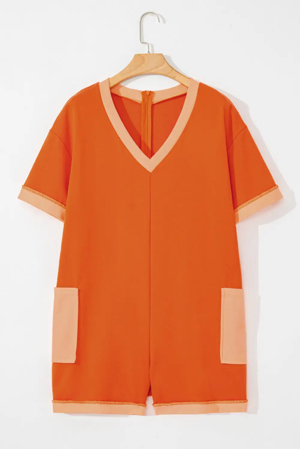 Two Tone Short Sleeve V Neck Patched Pocket Loose Romper
