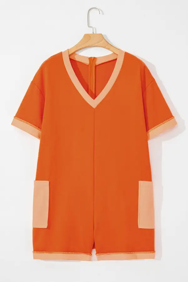 Two Tone Short Sleeve V Neck Patched Pocket Loose Romper