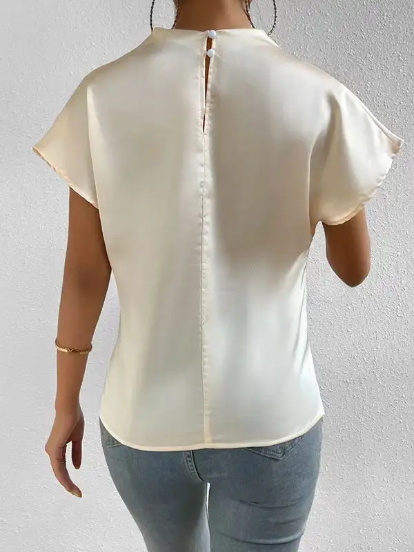 Relaxed Short Sleeve Pleat Detail Mock Neck T-Shirt