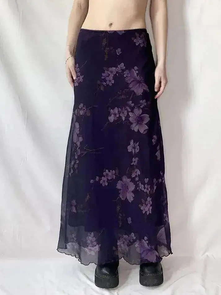Floral Print Mesh Maxi Skirt