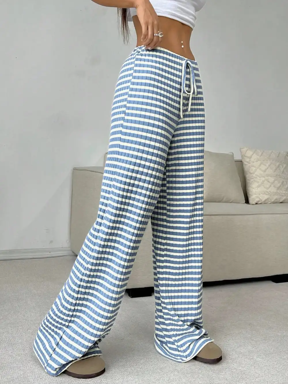 Relaxed Striped Wide Leg Drawstring Pants