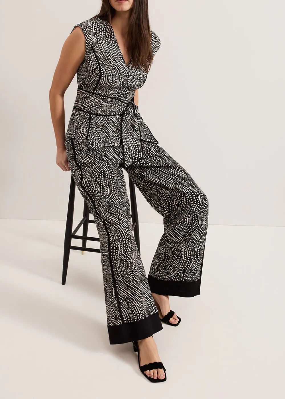 Black And White Dense-Print Wide-Leg Pants