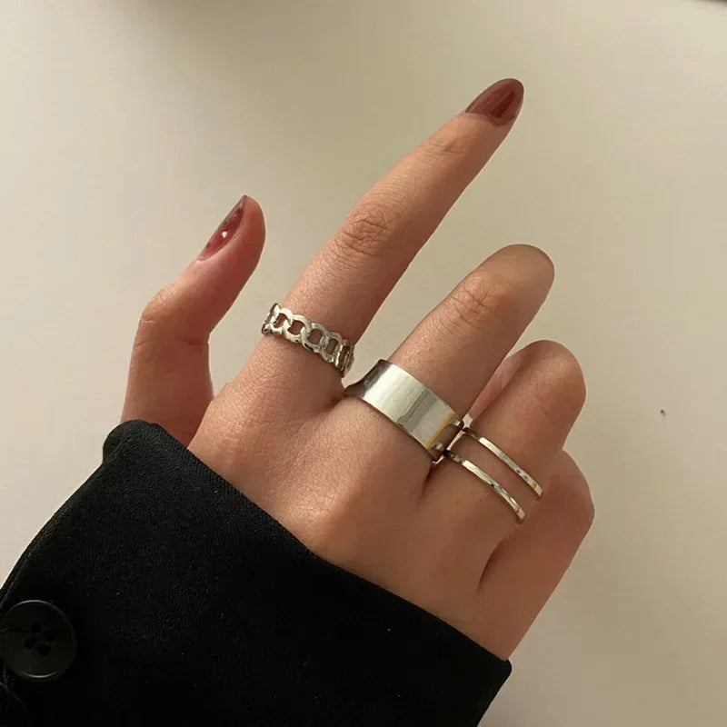 Irbano Punk Ring Set Silver Color Wide Rings For Women Teen Rings Set Gothic Aesthetic Simple Chain Finger Rings Tail ring Set Party