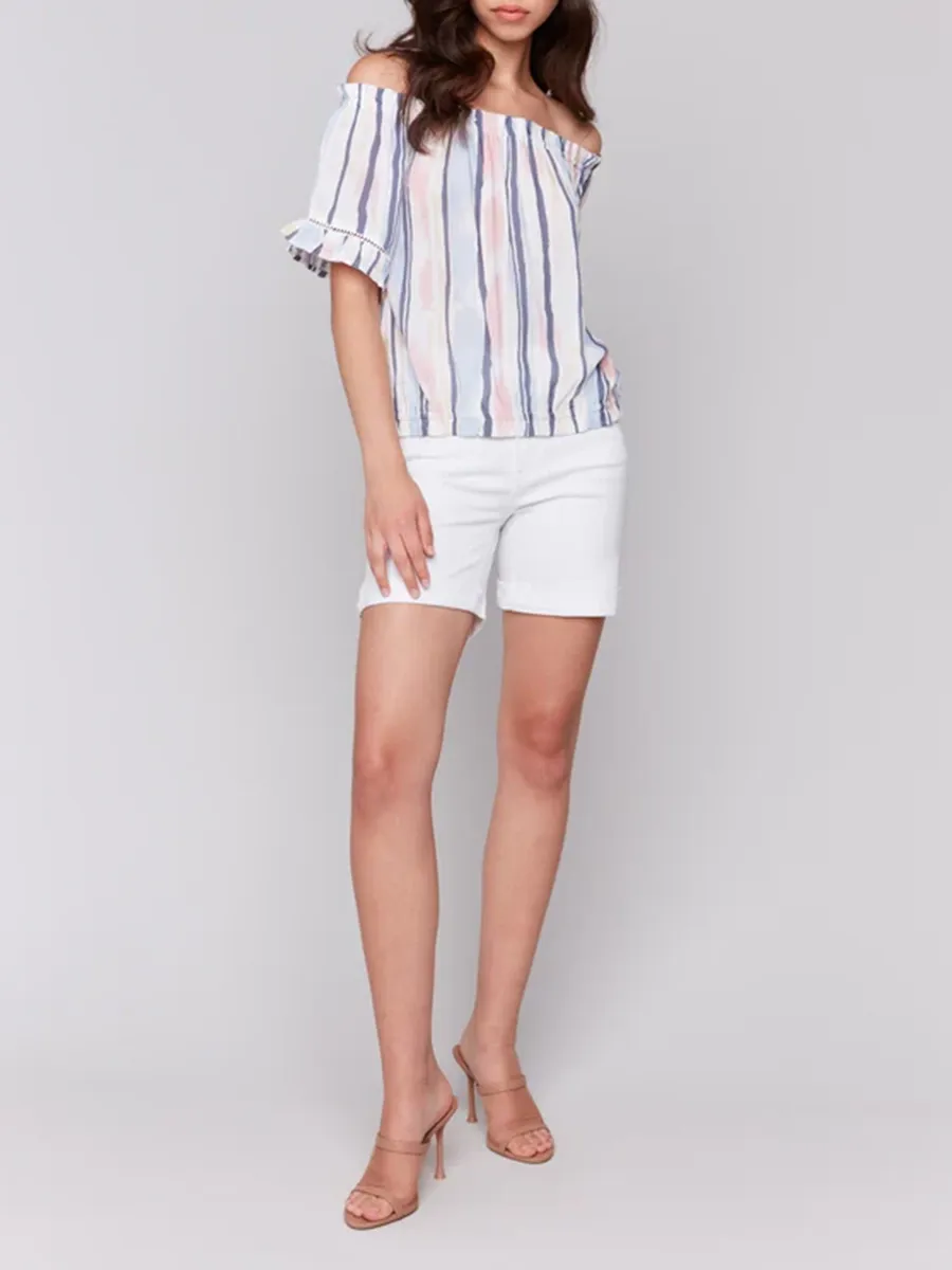 Striped High-End Off-Shoulder Short Sleeves