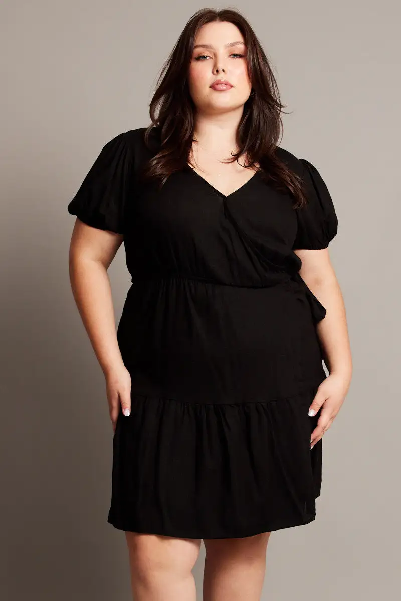 Black Crossover Cotton Blend Tiered Wrap Minidress