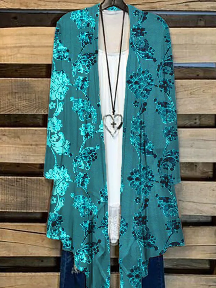 Women's Turquoise Floral Velvet Art Flowy Cardigan