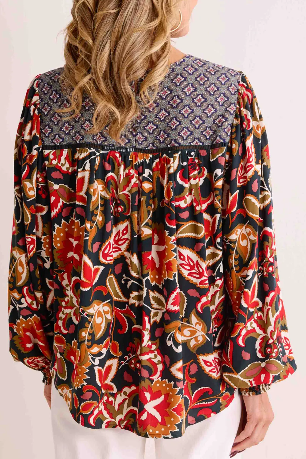 Multicolored Abstract Floral Print Long Sleeve Blouse