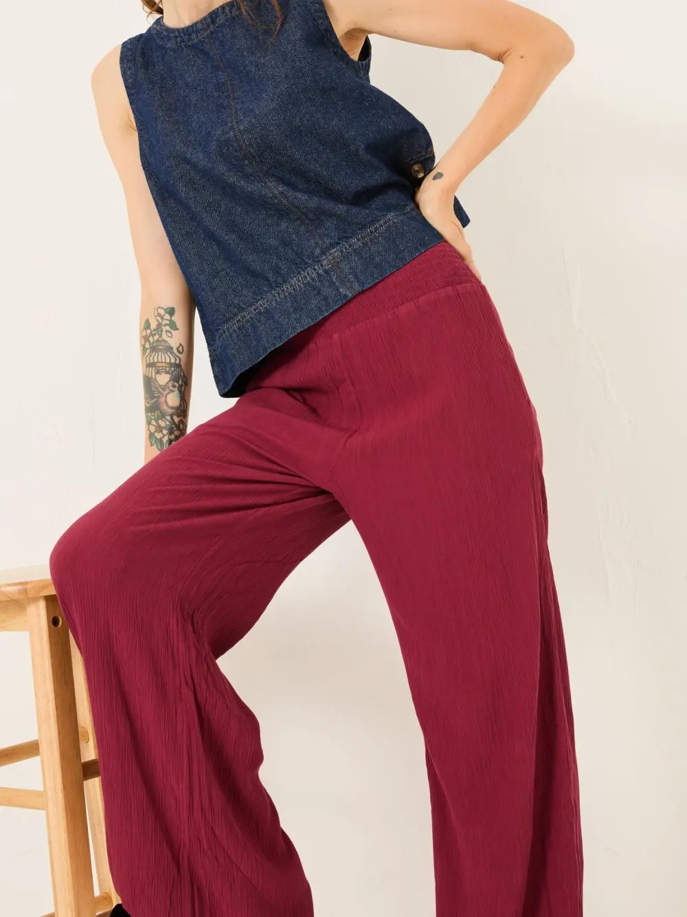 Burgundy Red Shirred Palazzo Wide Leg Trousers
