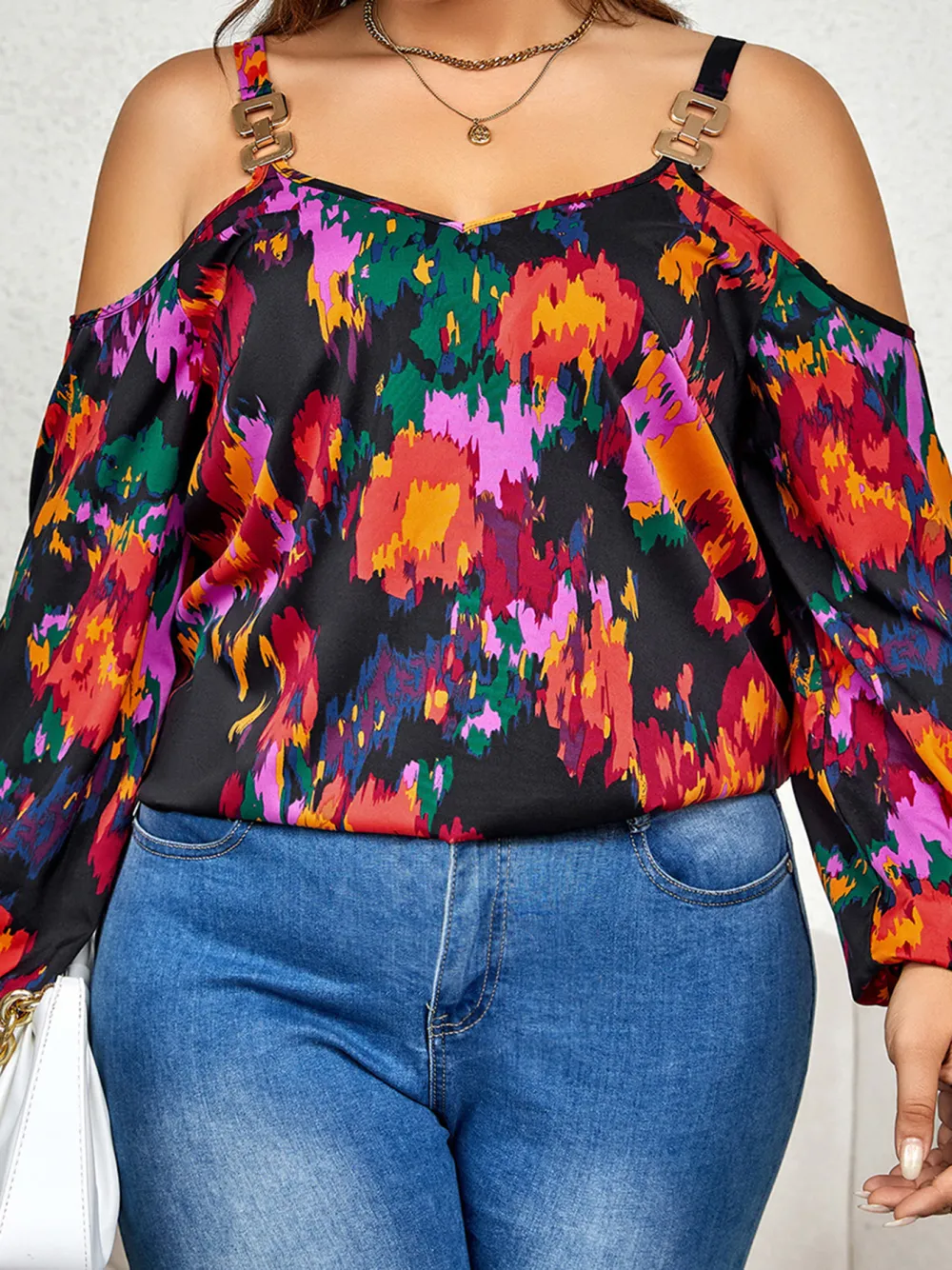 Plus Size Women Fashion Graffiti Print Puff Sleeve Top