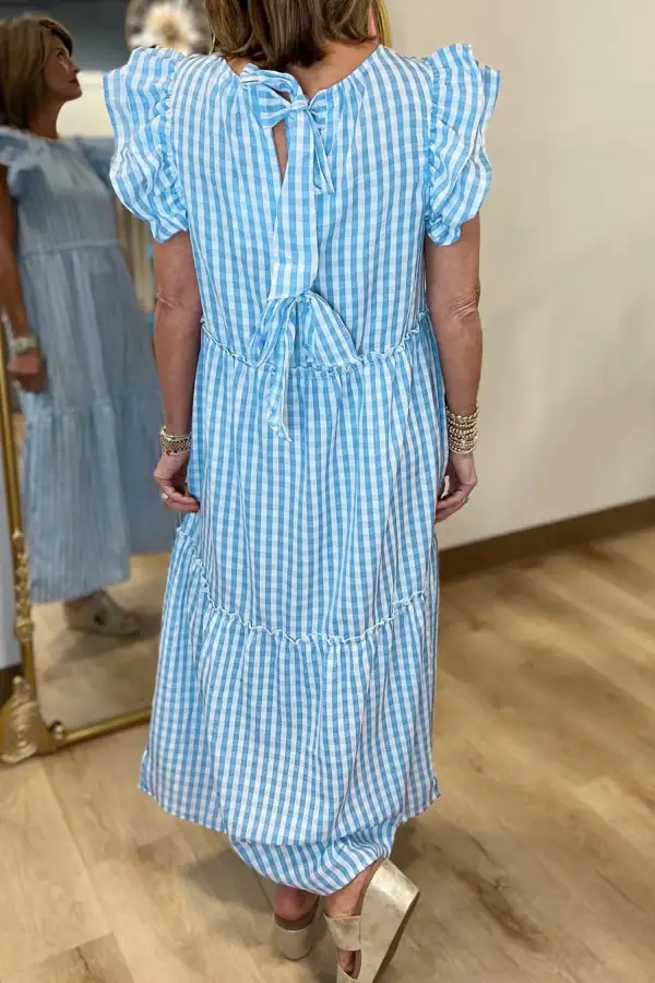 Structured Shape Plaid Ruffle Short Sleeve Maxi Dress
