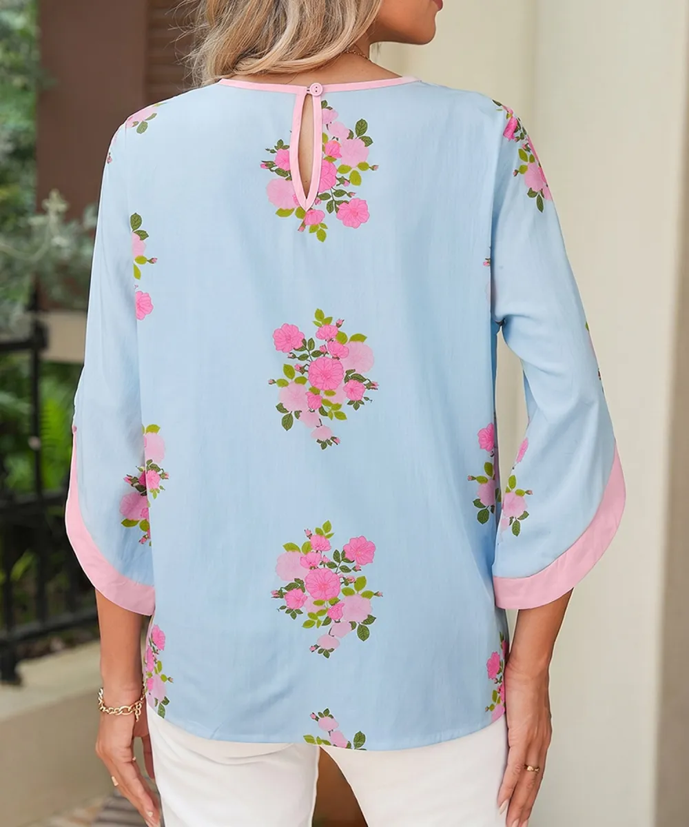 Sky Blue Floral Print Button Cuffed 3/4 Sleeve Round Neck Blouse