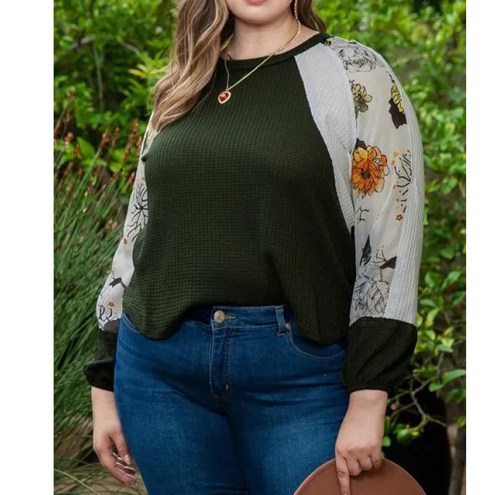Plus Size Waffle Knit Round Neck Blouse