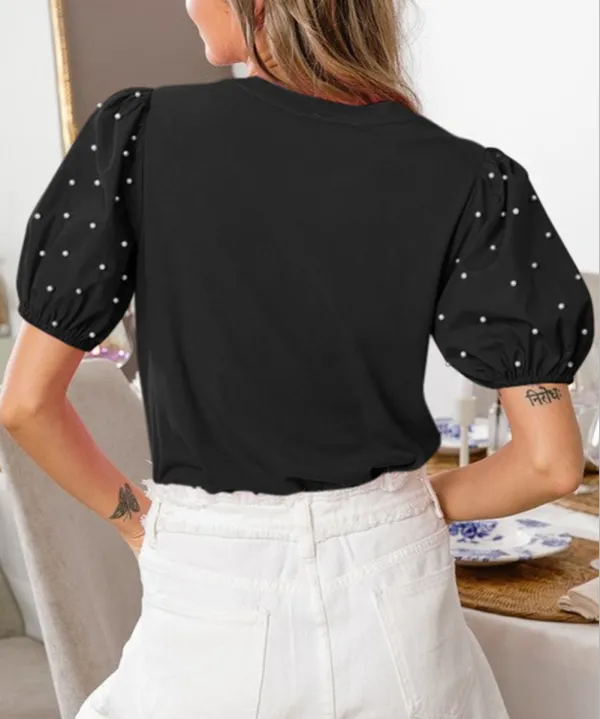 Black Ribbed Pearl Beaded Puff Sleeve Top