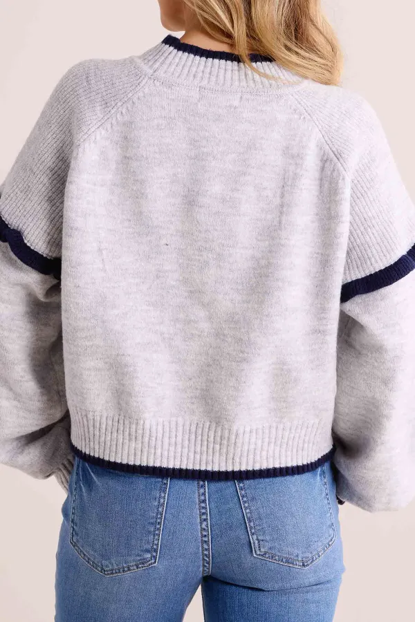 Grey Contrast Trim Crew Neck Long Sleeve Sweater