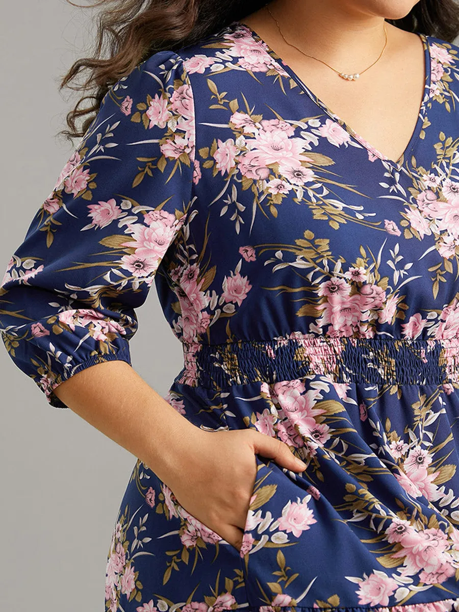 Elegant Senior Waist V-Neck Floral Dress