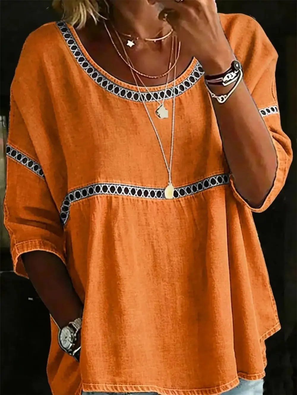 Hollow Out Round Neck Top Plus