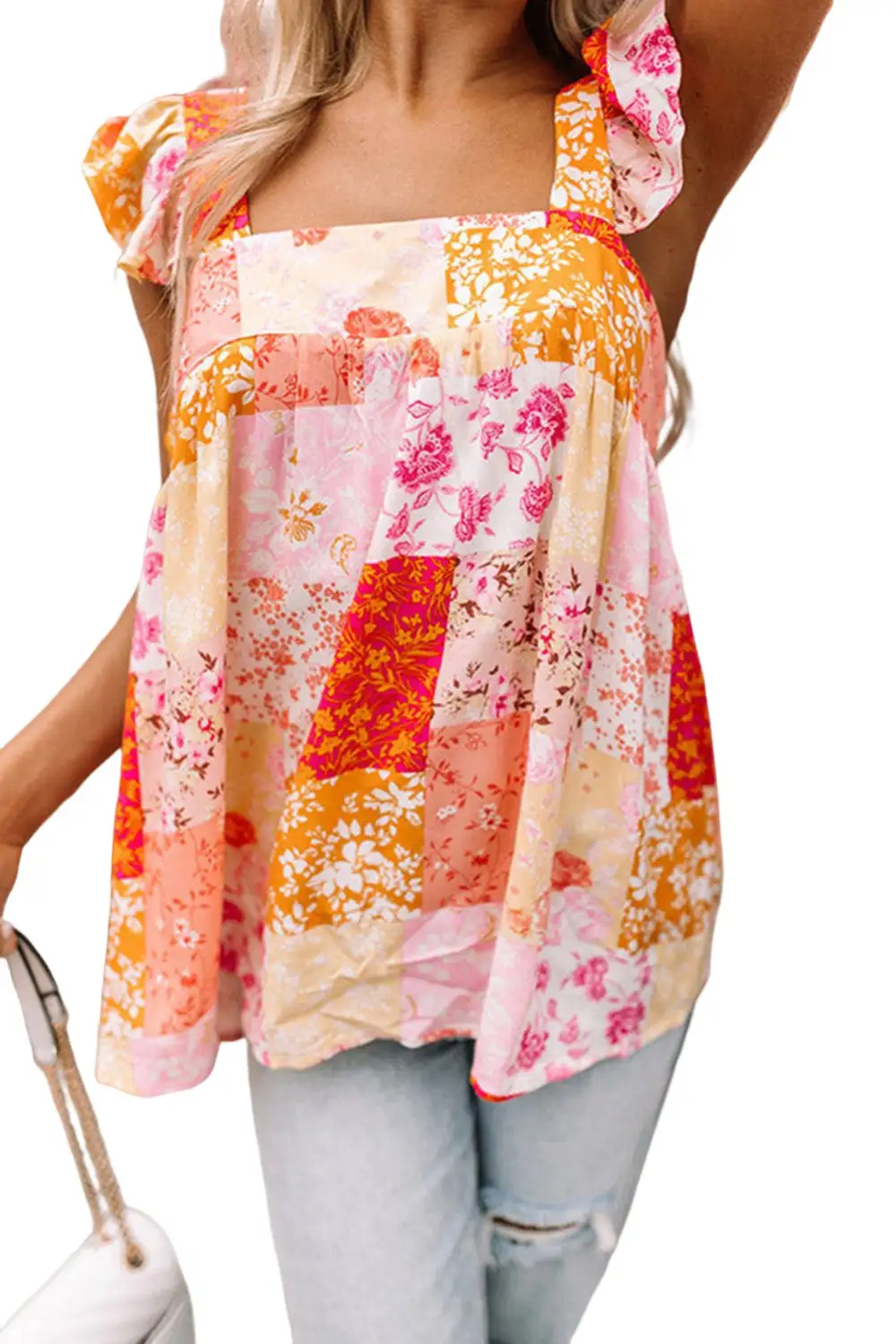 Floral Patchwork Print Ruffle Trim Tank Top