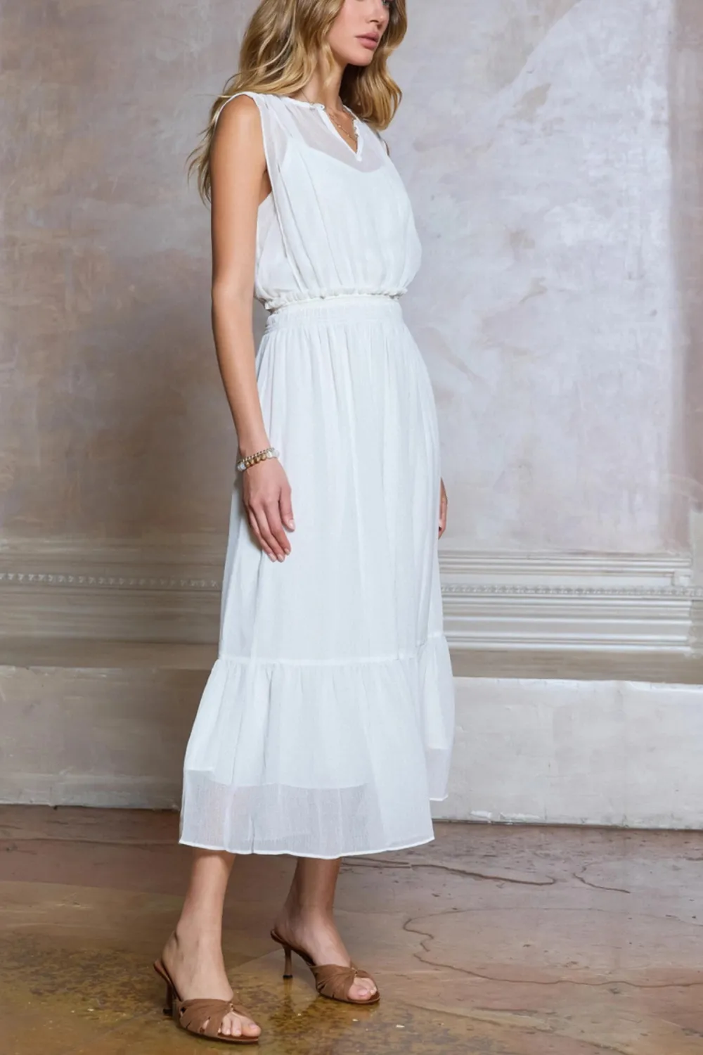 Sleeveless Sheer Gathered Gathered Midi Dress