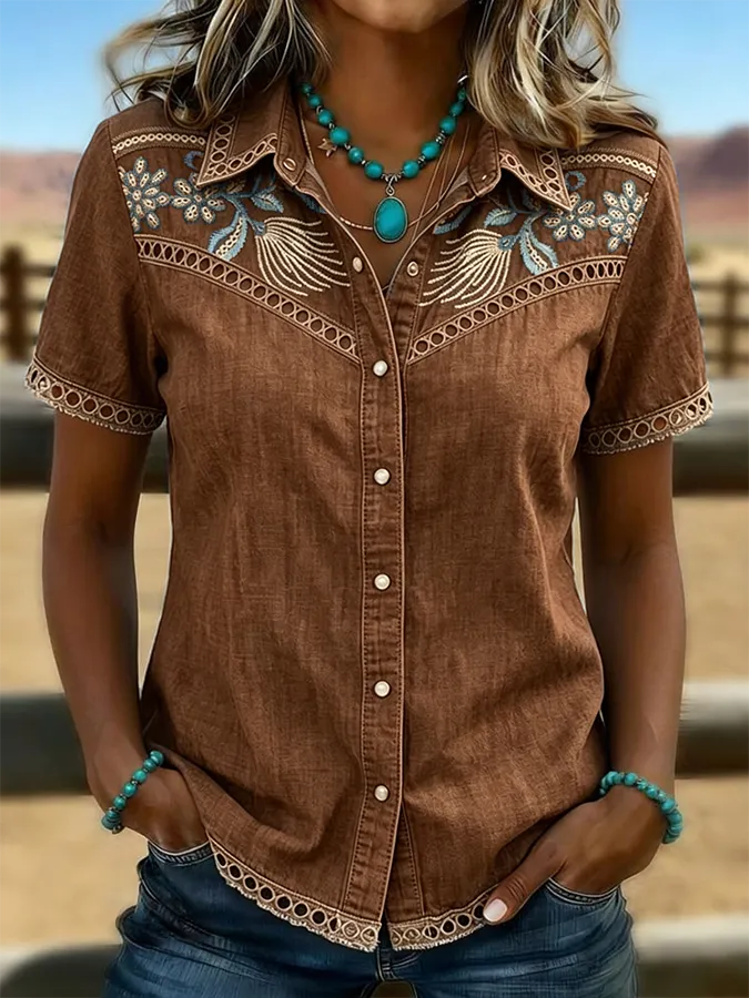 Women's Vintage Floral Art Print Hollow Patchwork Casual Shirt