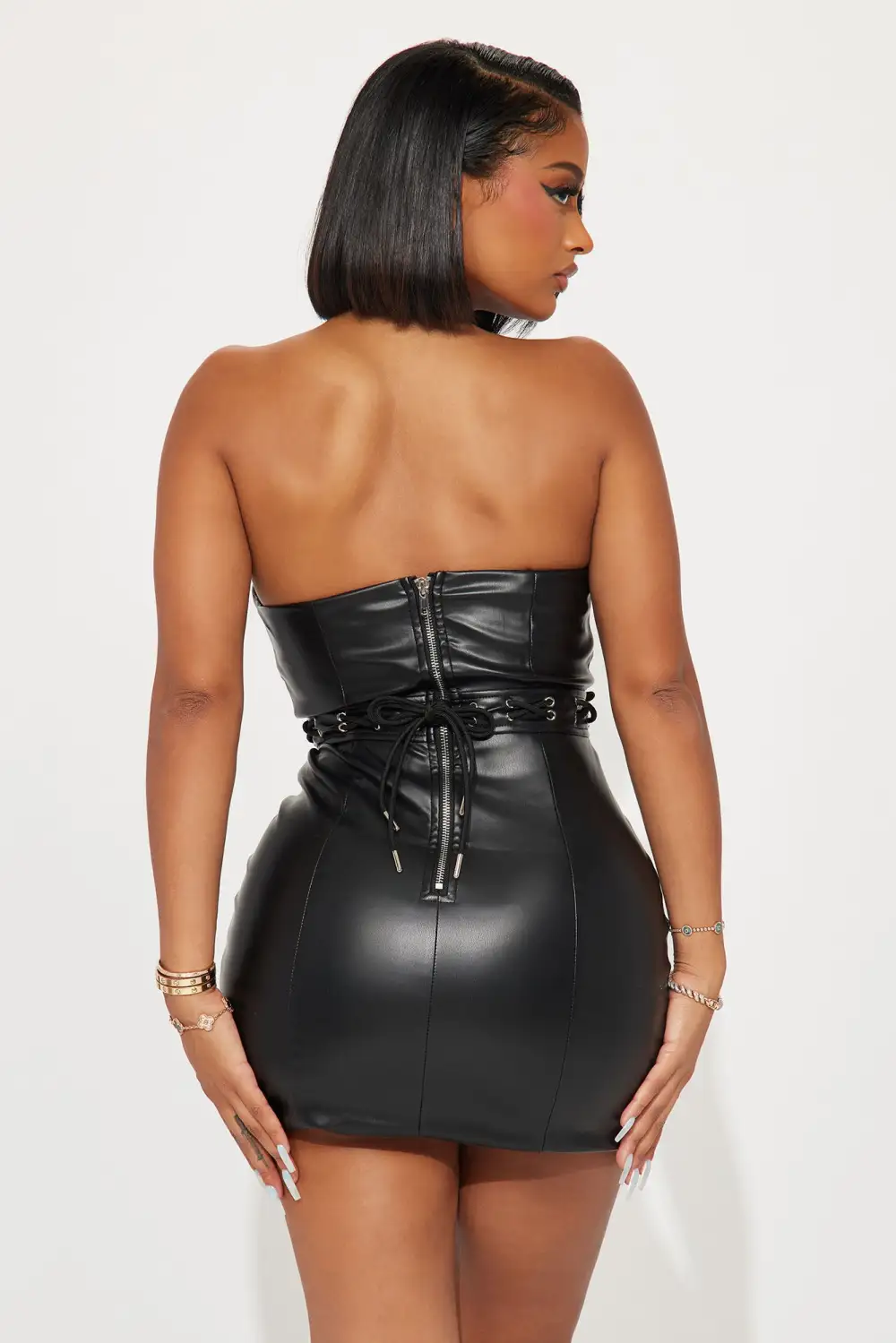 Lace Up Faux Leather Mini Dress - Black