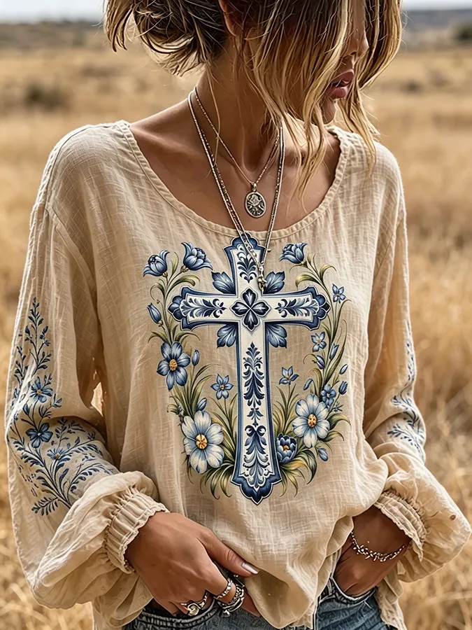 Women's  Floral Cross Print Western Long Sleeve Blouse
