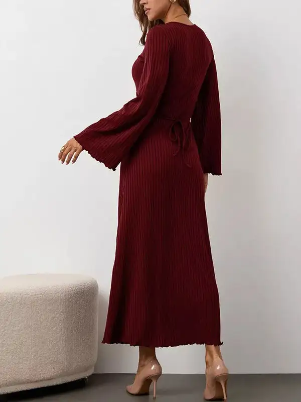 Sleeves Pleated Ruffled Long Neck Maxi Dress