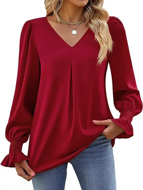 Pleated Chiffon V-Neck Blouse