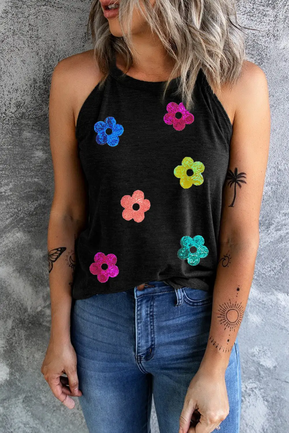 Sequin Flower Slim Fit Crewneck Tank Top