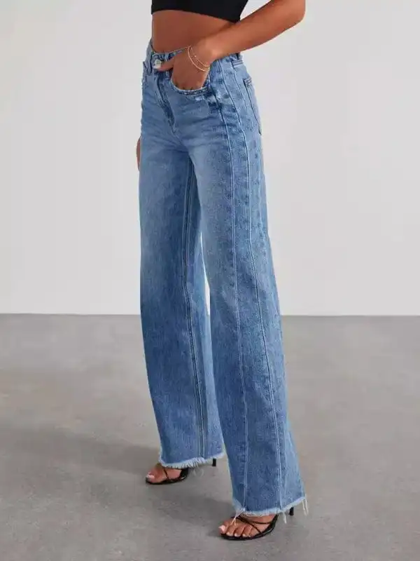 GYPSY GIRL-Wide Leg Side Seam Paneled Frayed Hem Jeans