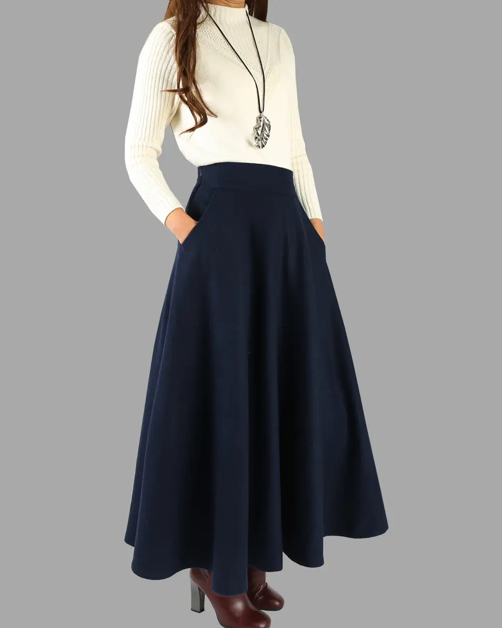Casual Pleated Wool A Line Maxi Skirt