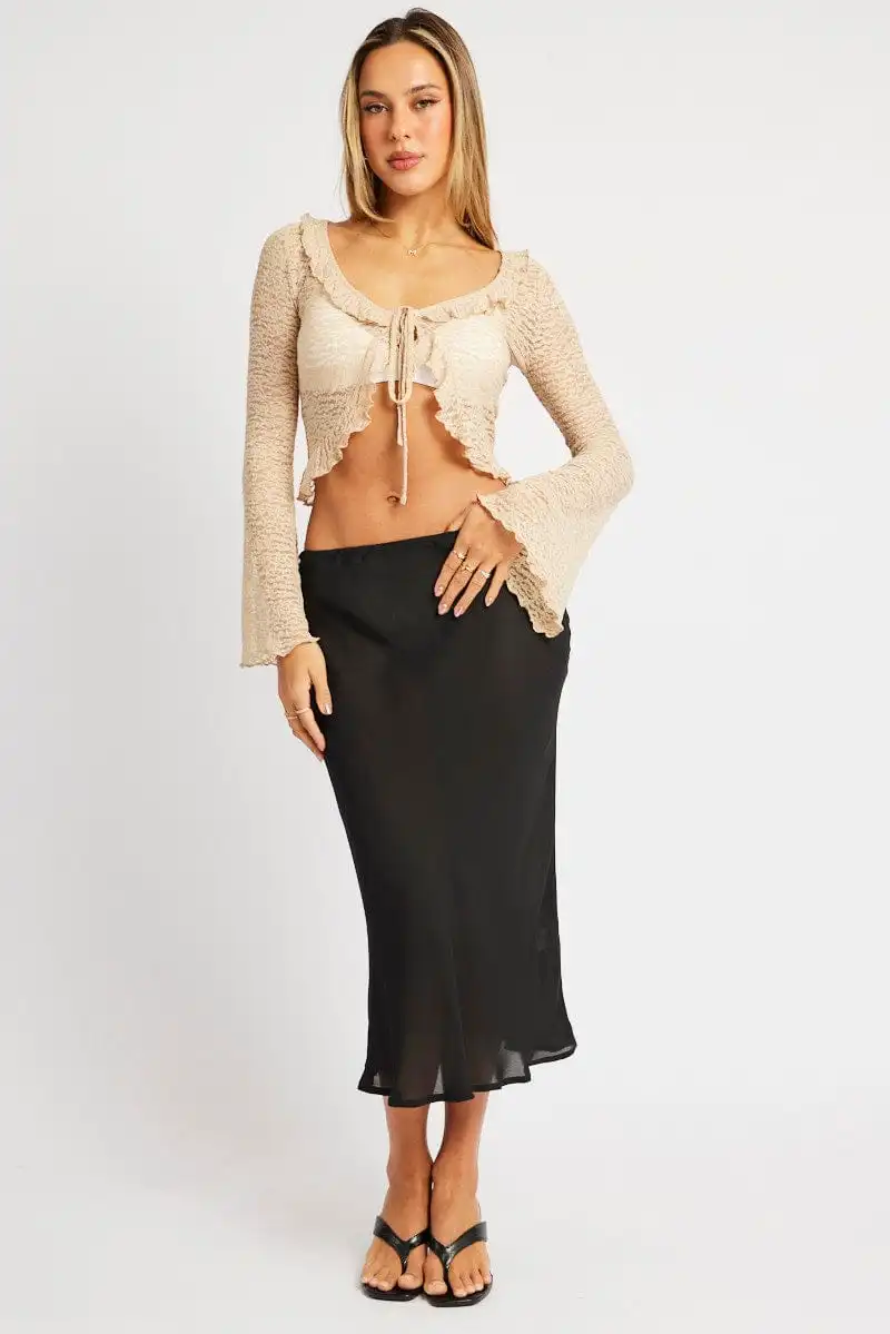 Beige Tie Front Frill Top Long Sleeve Lace