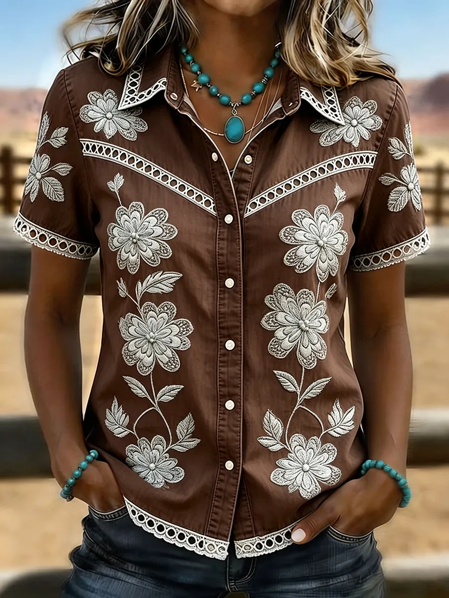 Women's Light Wash Floral Embroidered Lace Trim Western Denim Blouse