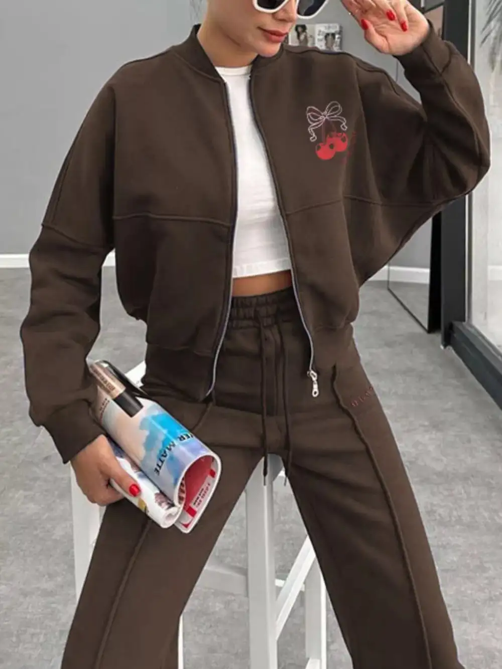 Zip Up Dropped Shoulder Outerwear and Pants Set
