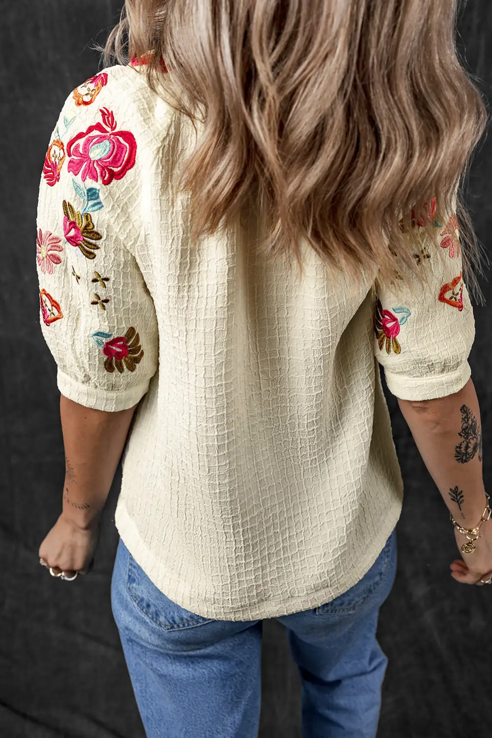 Softly Styled Floral Embroidered Textured Blouse
