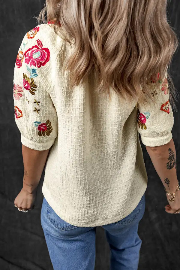Softly Styled Floral Embroidered Textured Blouse
