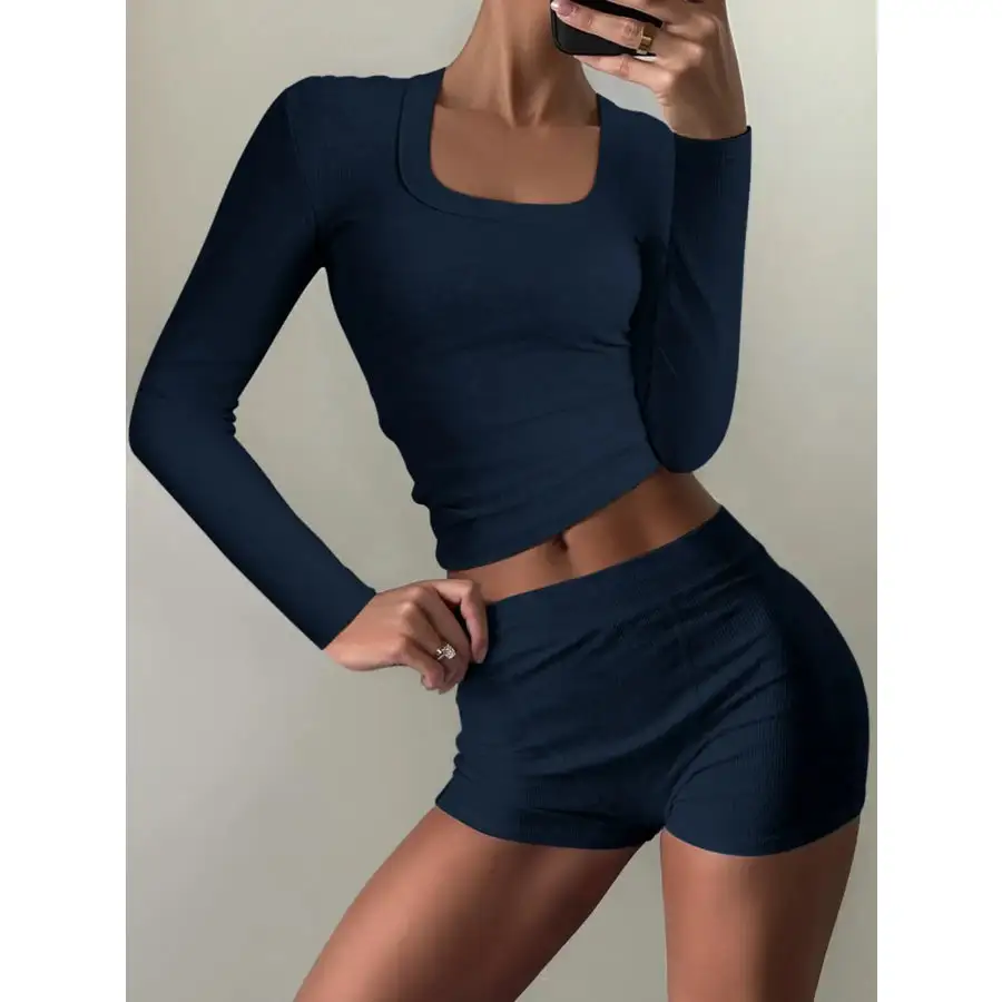 Square Neck Long Sleeve Top and Shorts Set