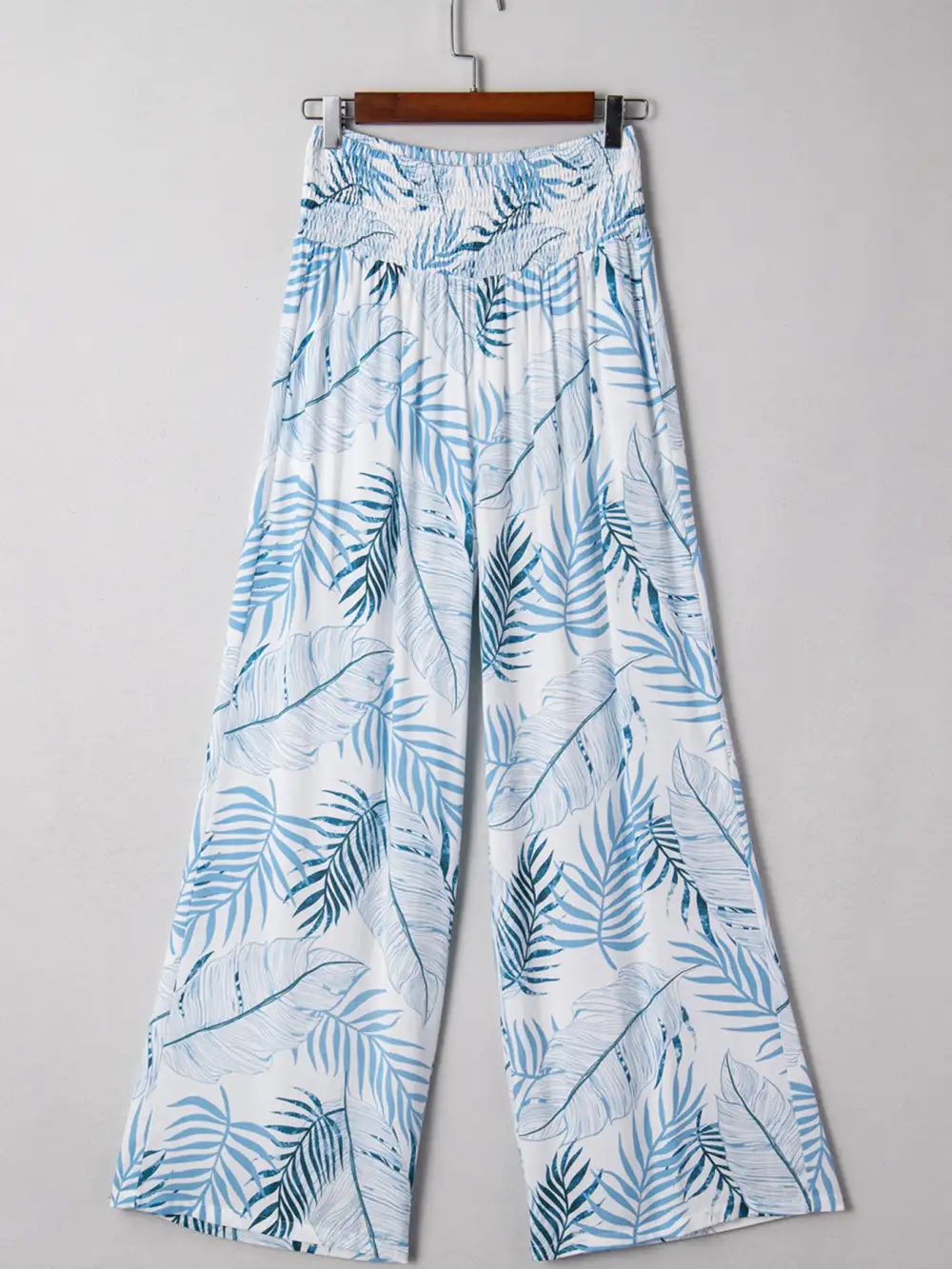 Tropical Print Shirred Waistband Wide Leg Pants