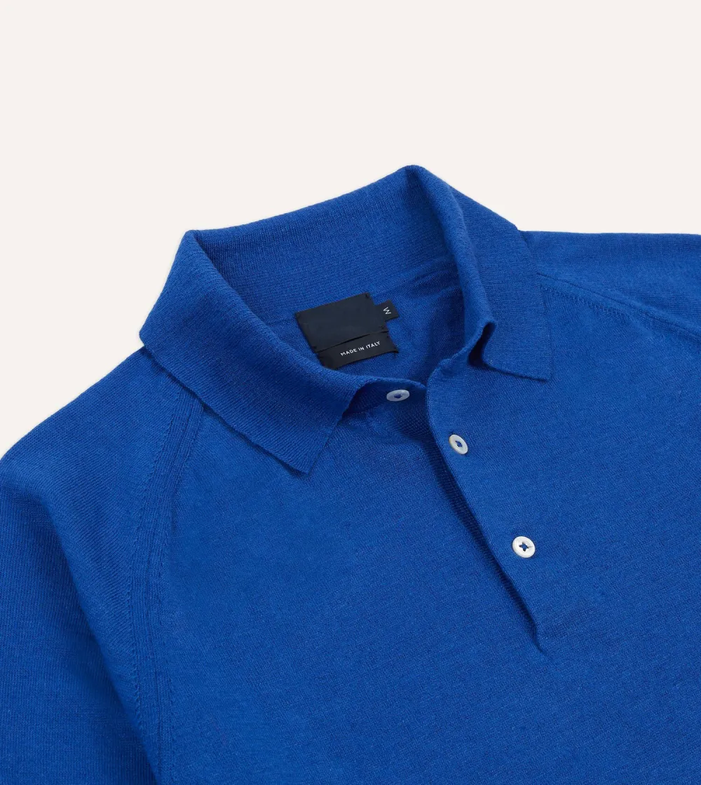 Blue Linen-Cotton Knitted Long-Sleeve Polo Shirt Elegant Essential
