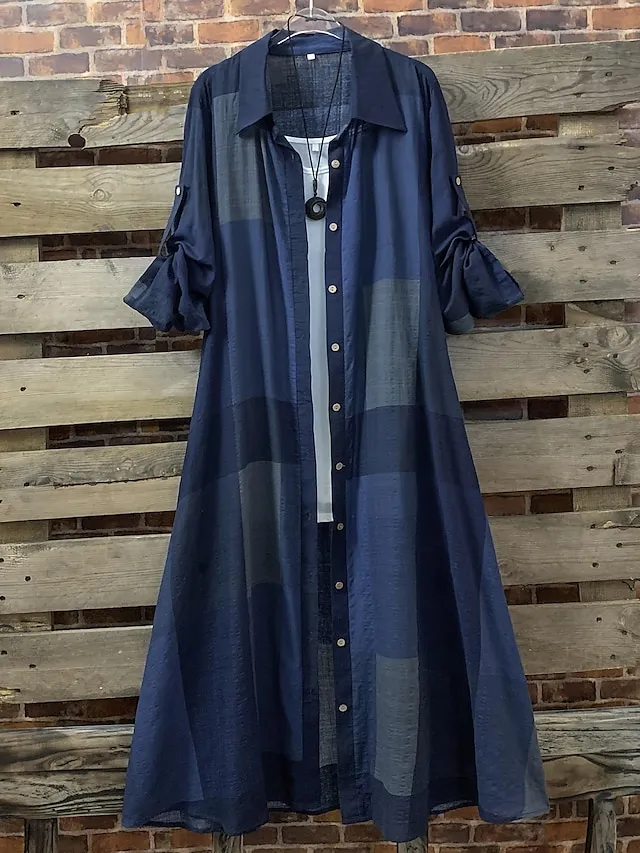 Women's Plus Size Curve Casual Dress Plaid Midi Dress Long Sleeve Shirt Collar Classic Outdoor Blue Spring Fall XL 2XL 3XL 4XL 5XL